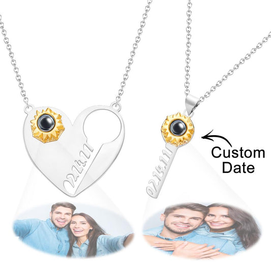 Custom Projection Necklace Personalised Date Key of Heart Couple Necklace