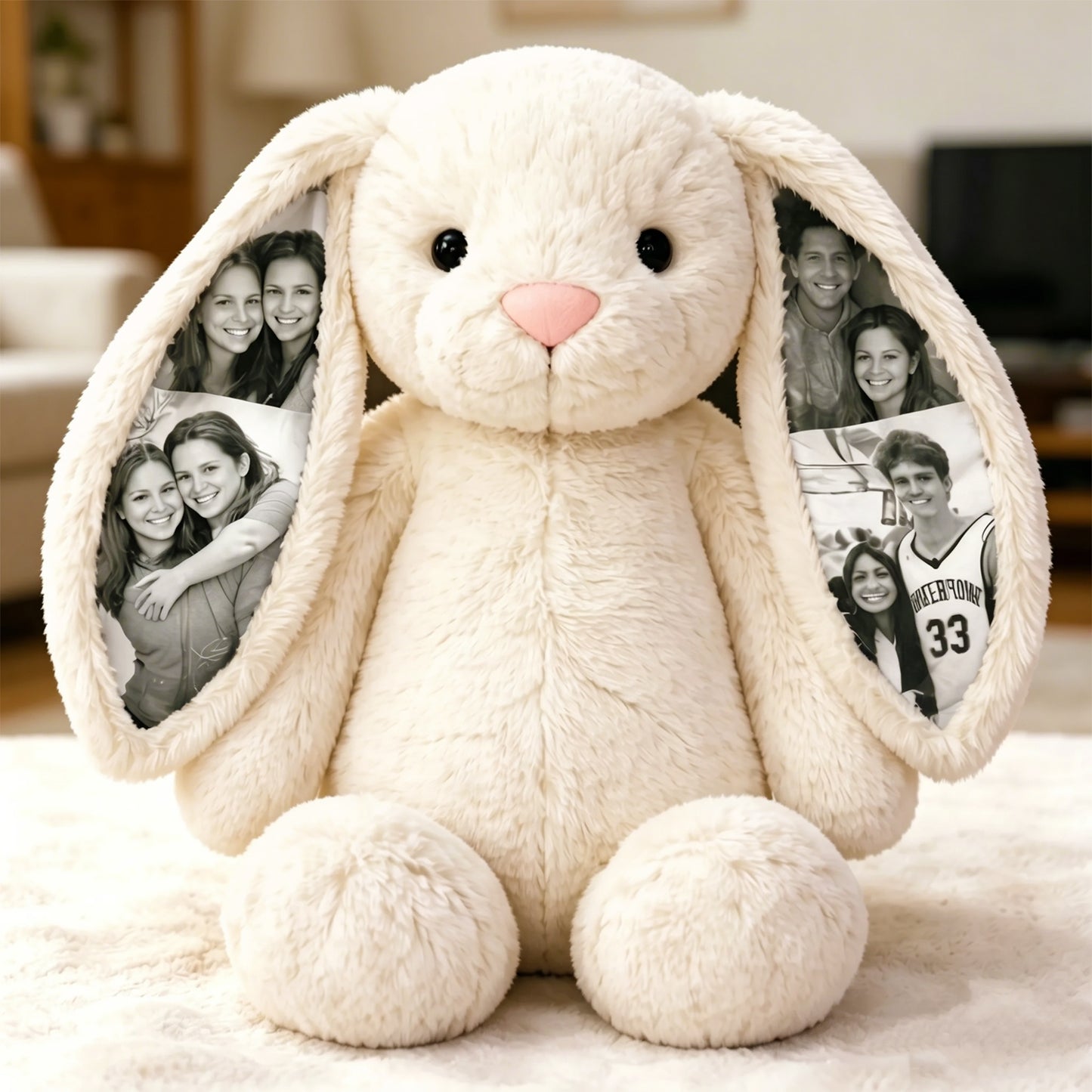 Plush bunny with photo frames in ears on a soft surface