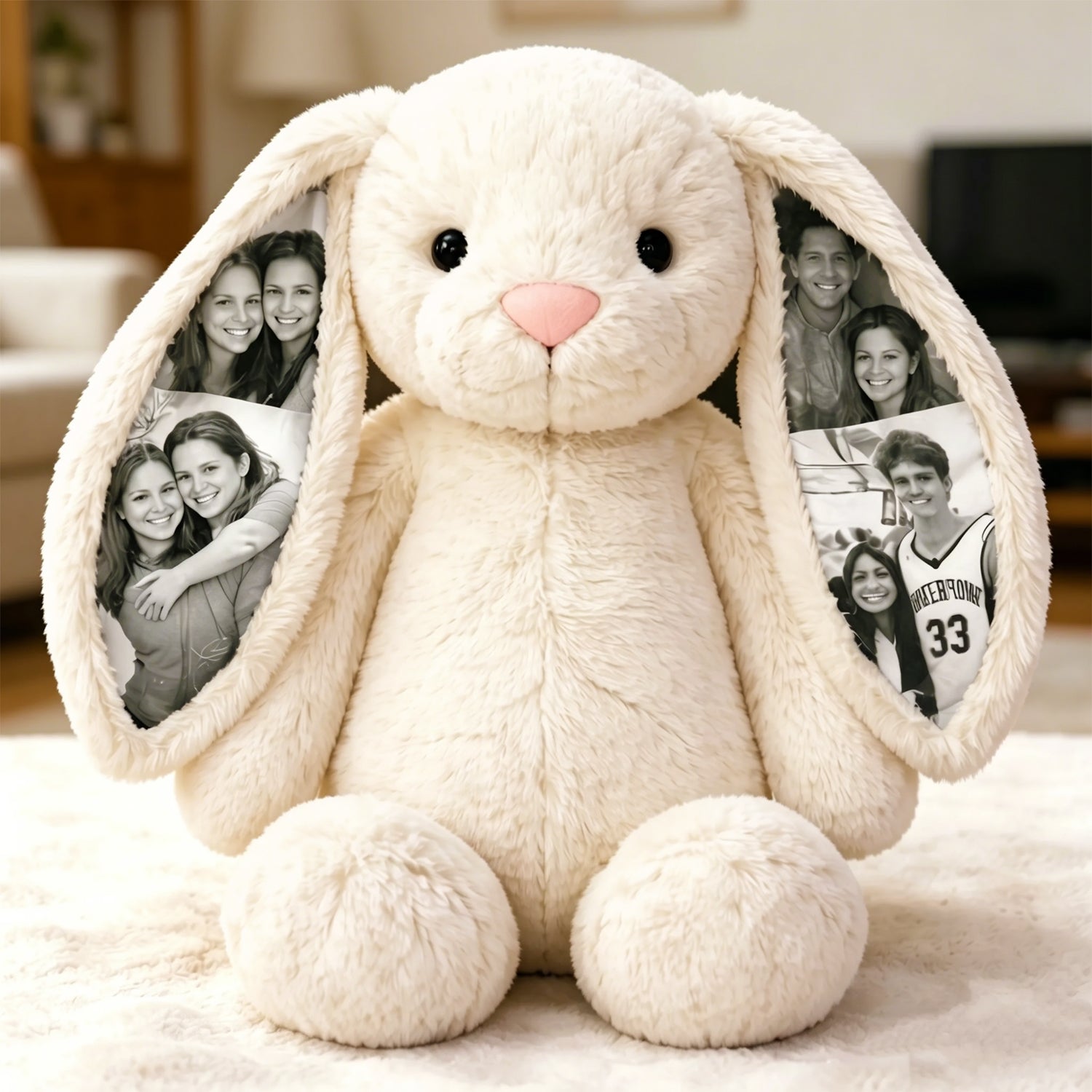 Plush bunny with photo frames in ears on a soft surface