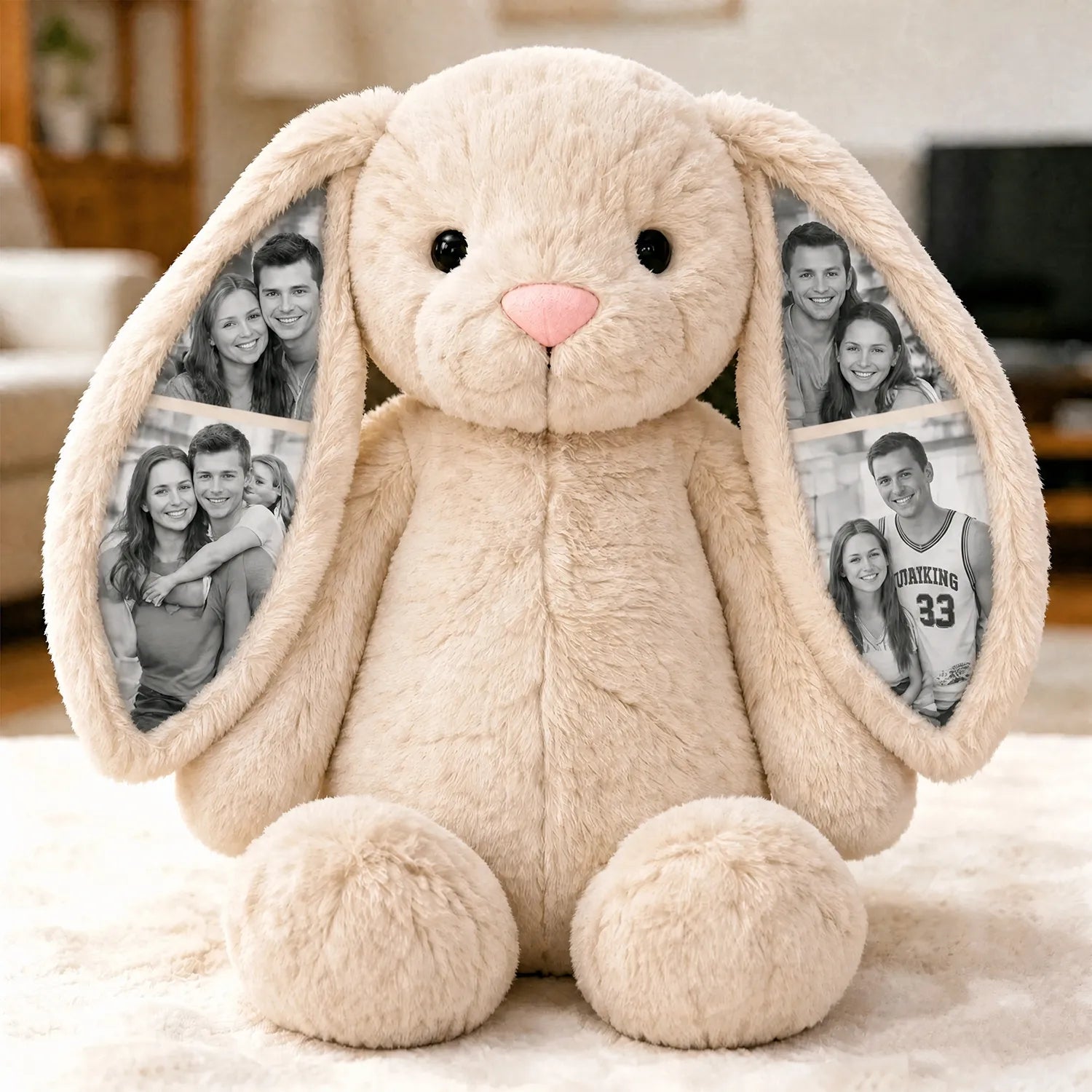 Beige plush bunny with photo frames on ears in a living room setting