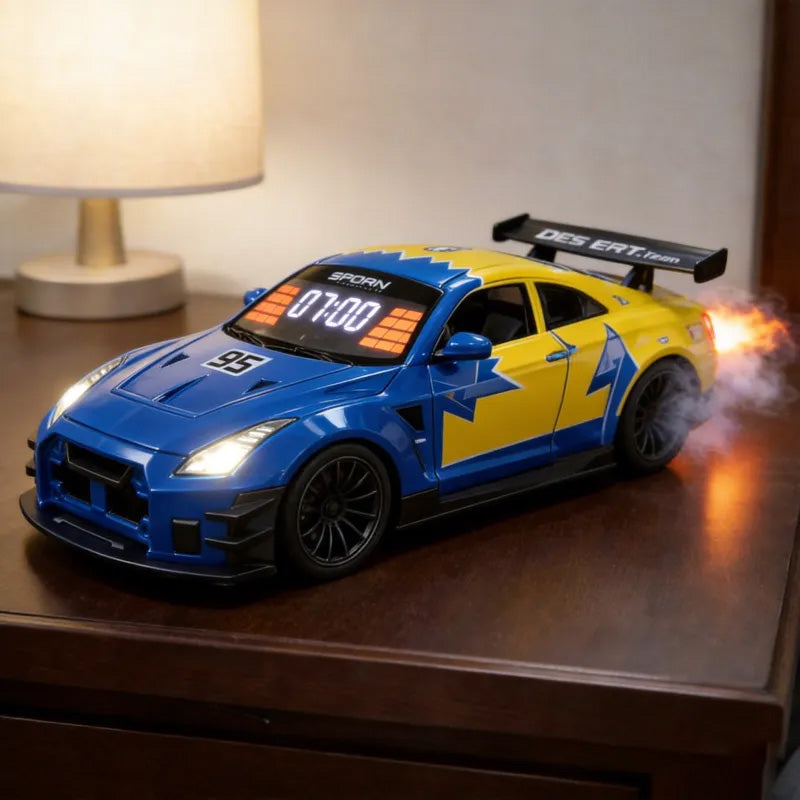 Toy car with blue and yellow design on a wooden surface