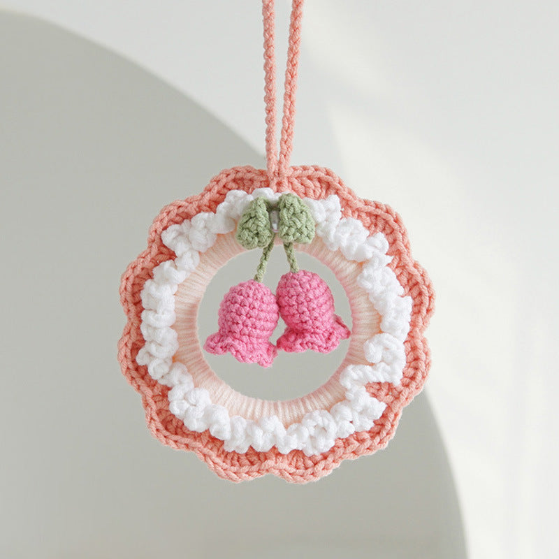 Crochet Flower Car Mirror Hanging Plant Knitted Flowers Car Decor Accessories