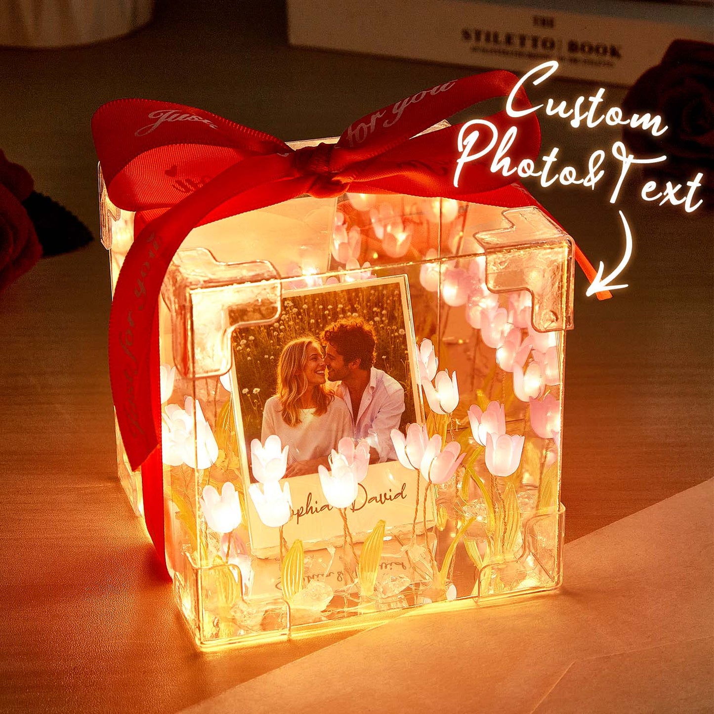 Custom Photo Tulip Flower Infinity Mirror Box Infinity Mirror Flower with Your Picture and Text DIY Kit