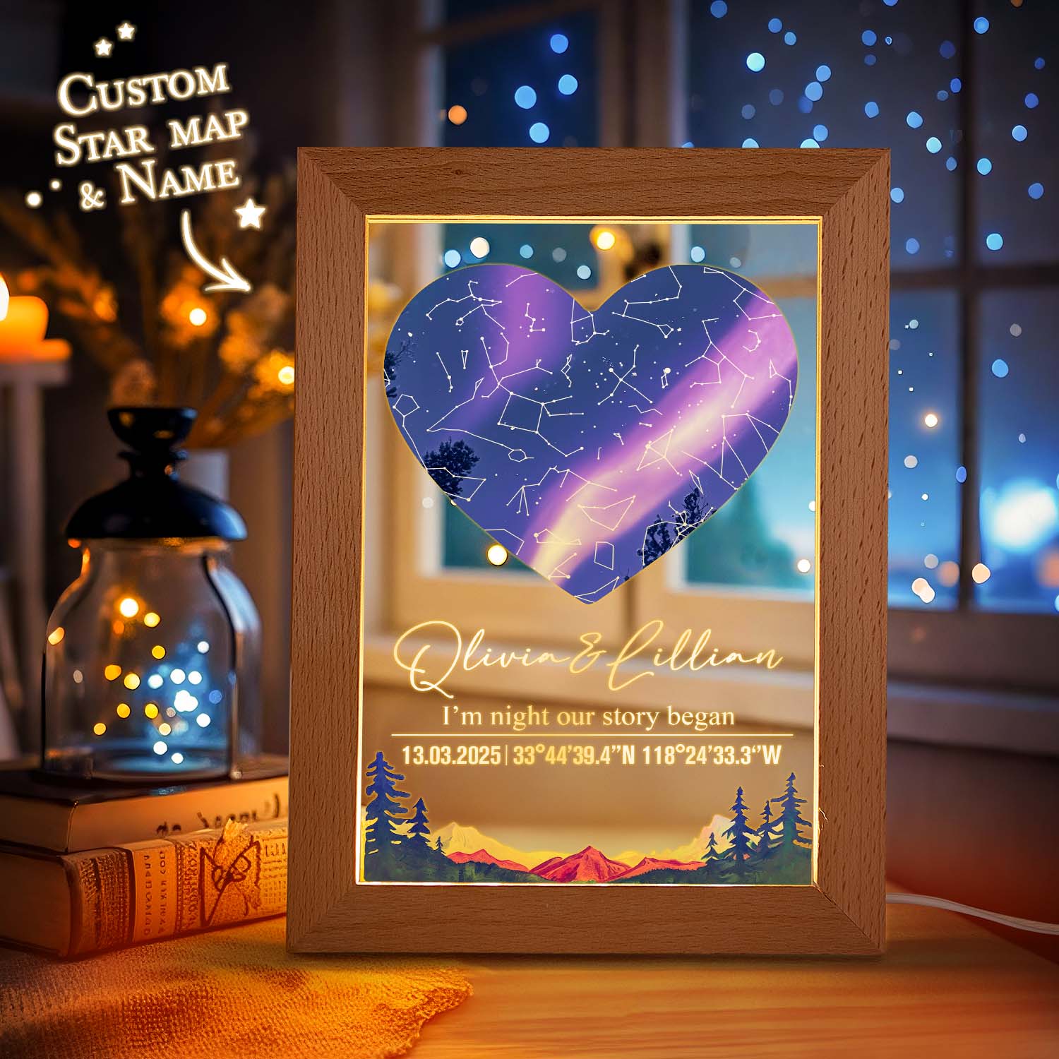 Heart-shaped custom star map with personalized text in a wooden frame, surrounded by decorative lights and books.