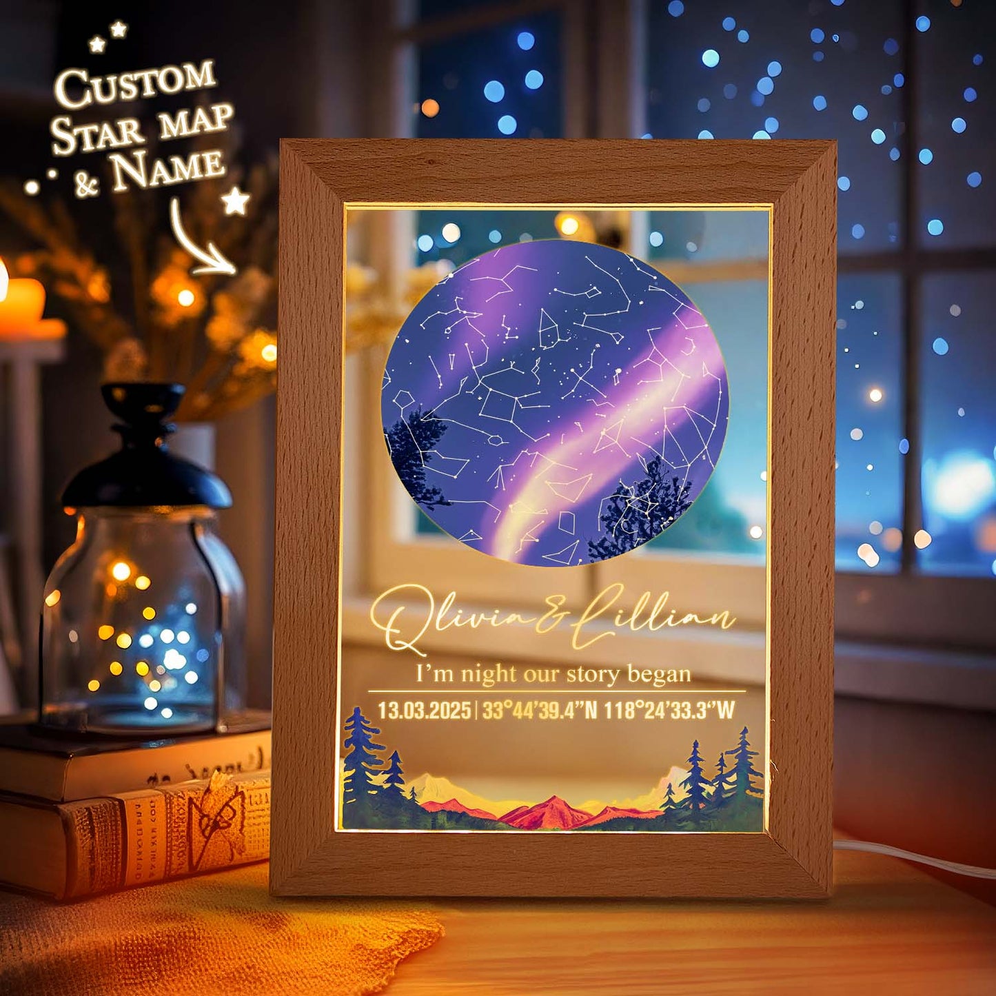 Personalized star map with coordinates and names in a wooden frame, surrounded by decorative lights and books.