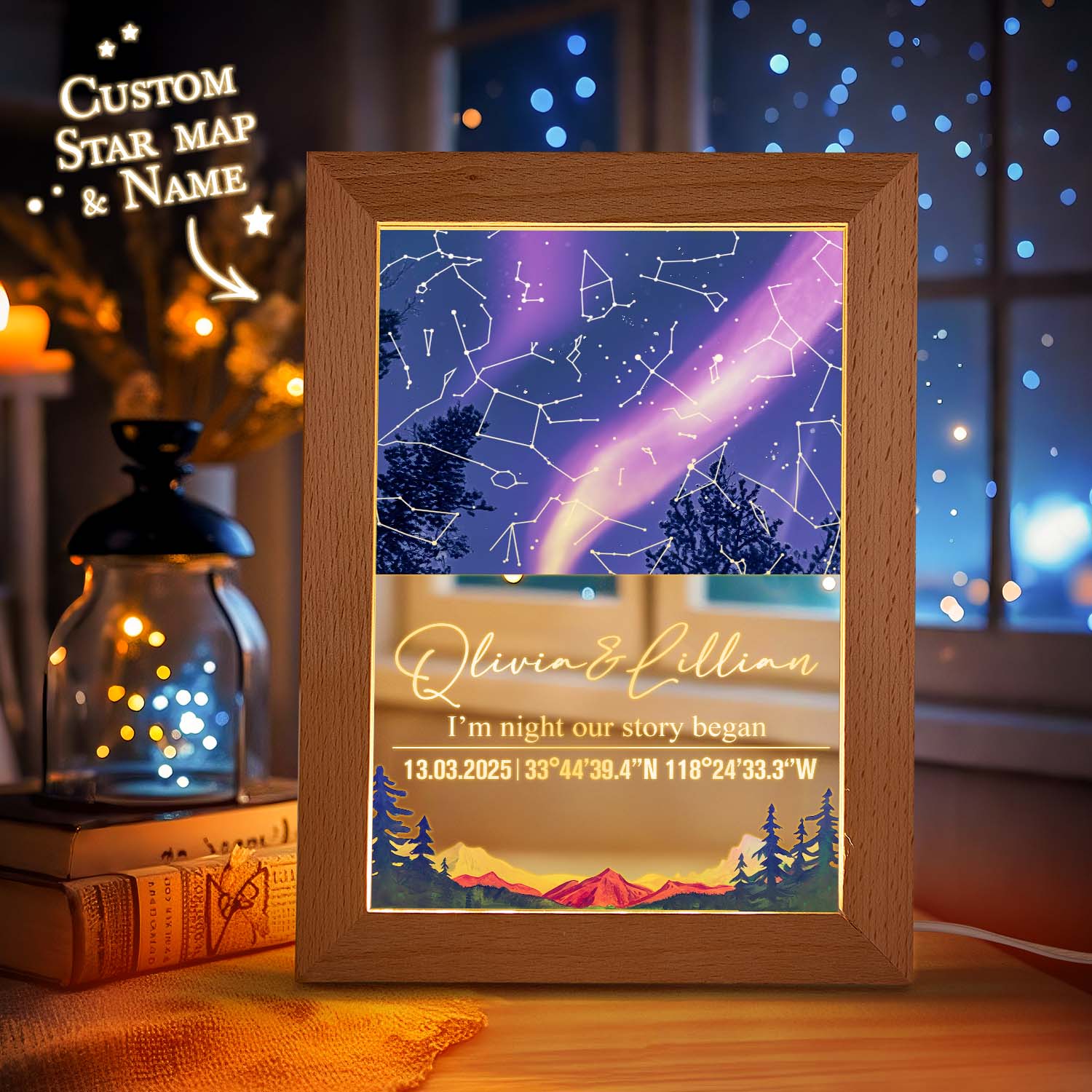 Framed custom star map with personalized details on a wooden surface.