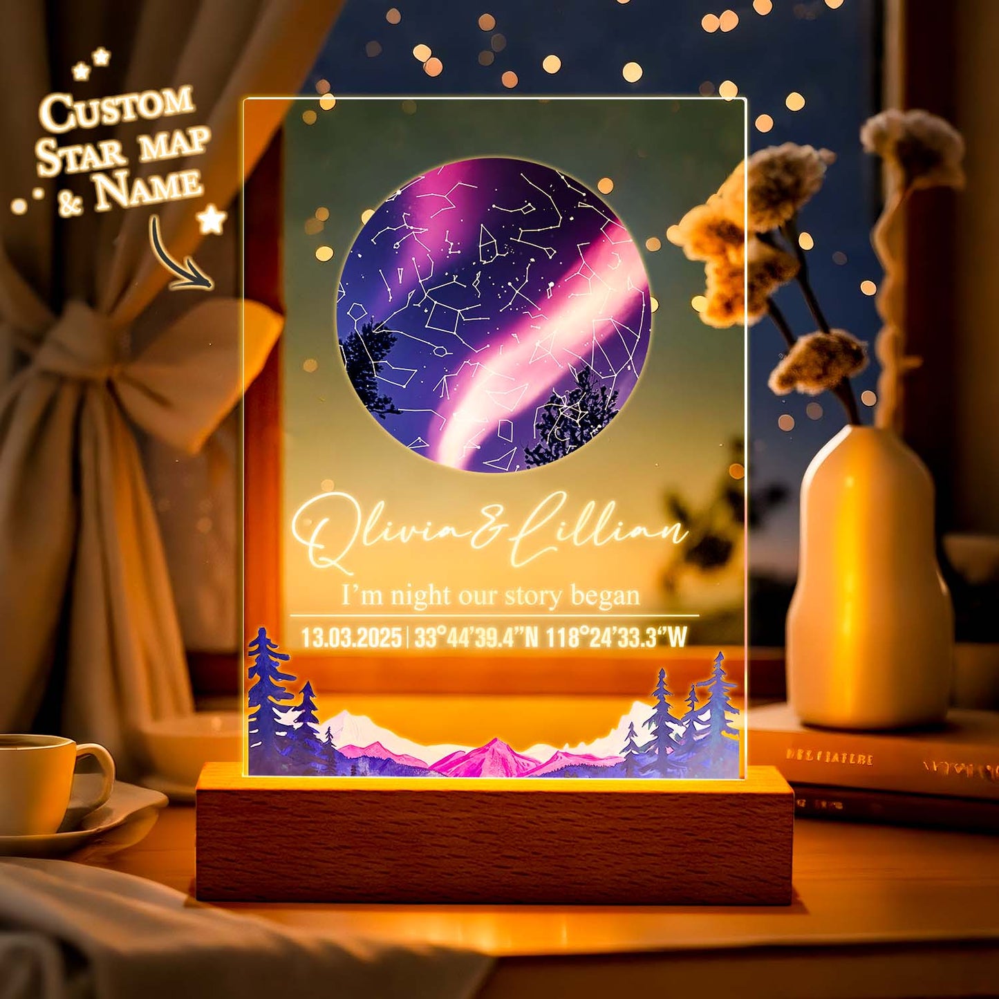 Personalized star map with custom name and coordinates on a wooden stand, surrounded by decorative items.