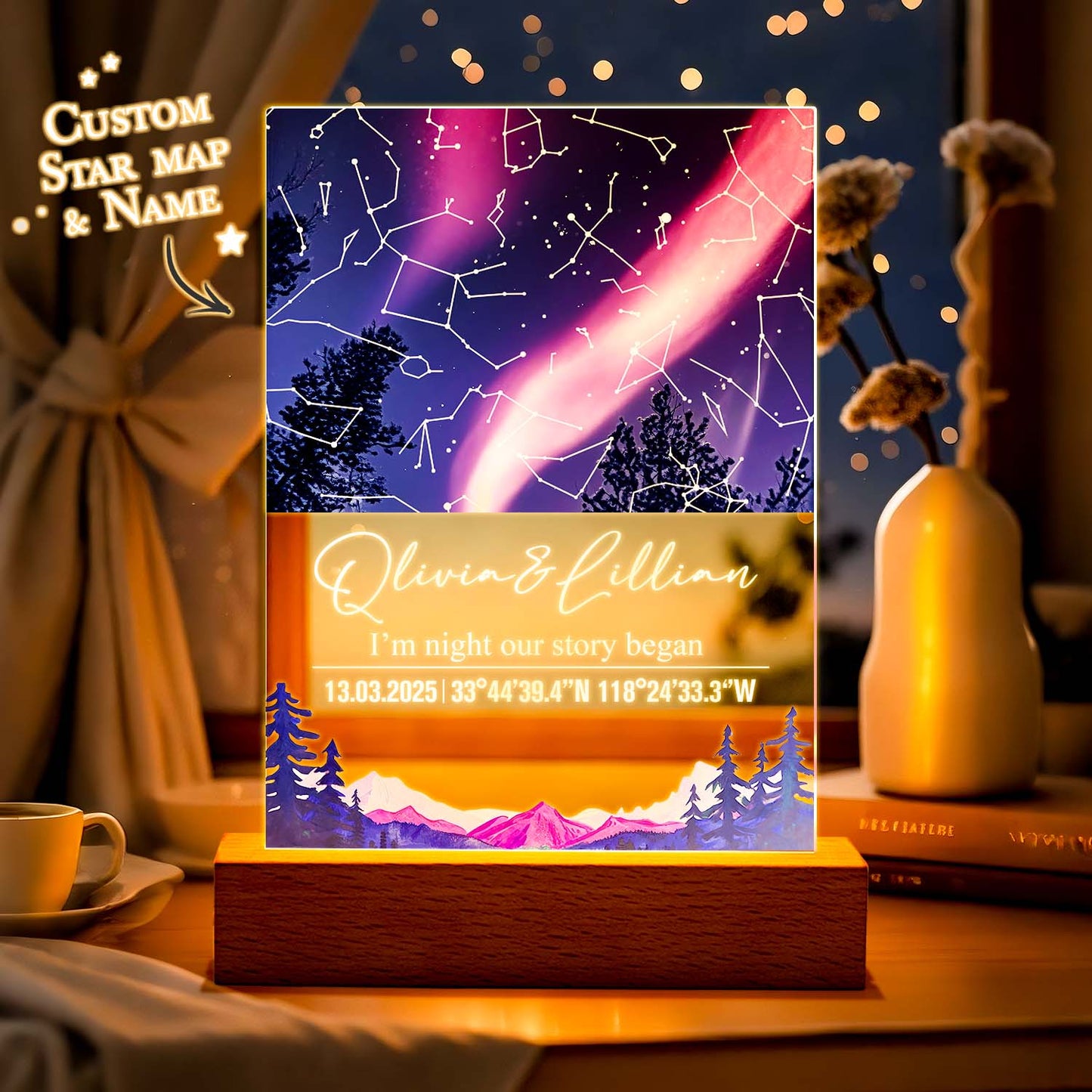 Decorative night light with star map design on a table.