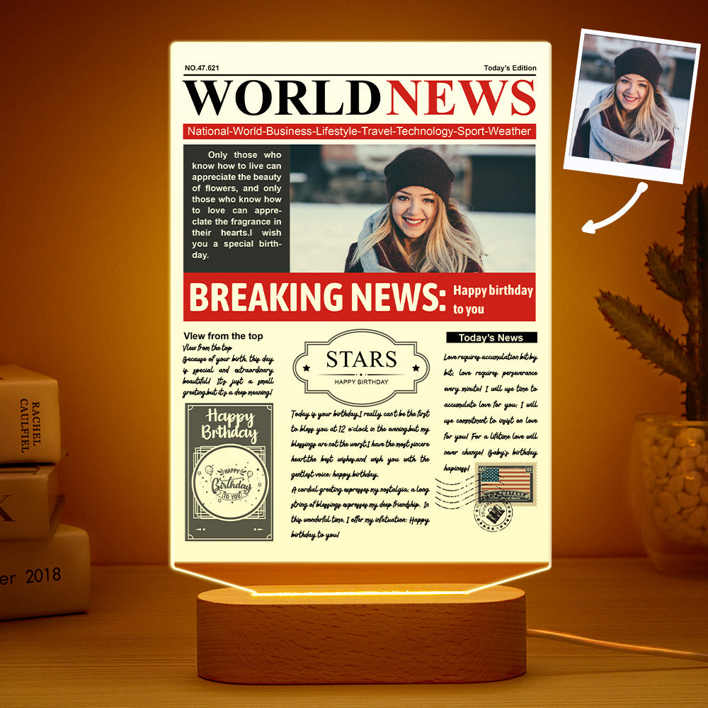 Custom Photo News Acrylic Sign Colorful Lamp Personalised 3D Printed Night Light Birthday Gifts