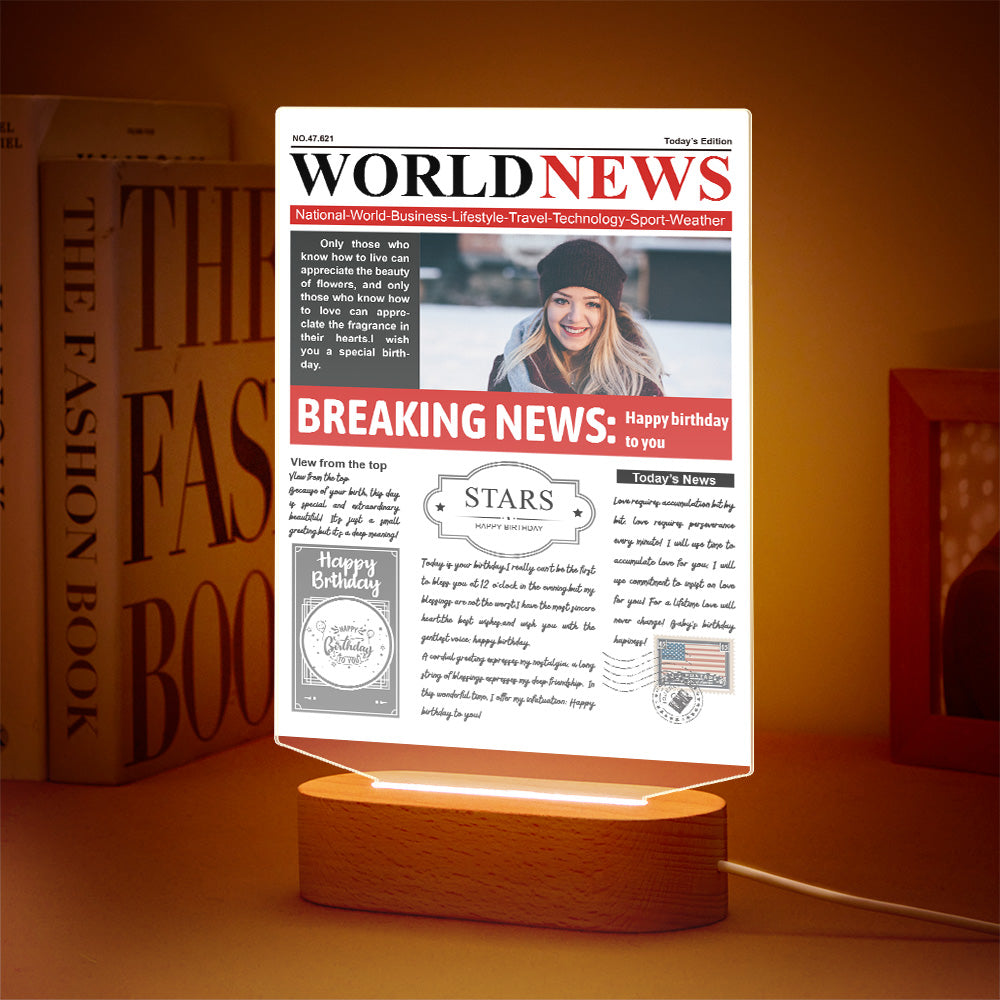 Custom Photo News Acrylic Sign Colorful Lamp Personalised 3D Printed Night Light Birthday Gifts