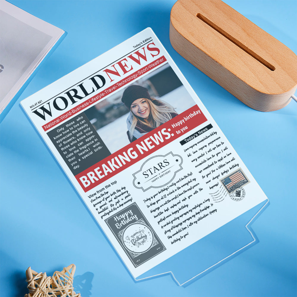 Custom Photo News Acrylic Sign Colorful Lamp Personalised 3D Printed Night Light Birthday Gifts