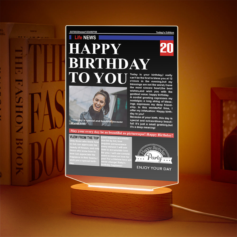 Custom Photo News On Acrylic Board Colorful Lamp Personalised Night Light Birthday Gifts