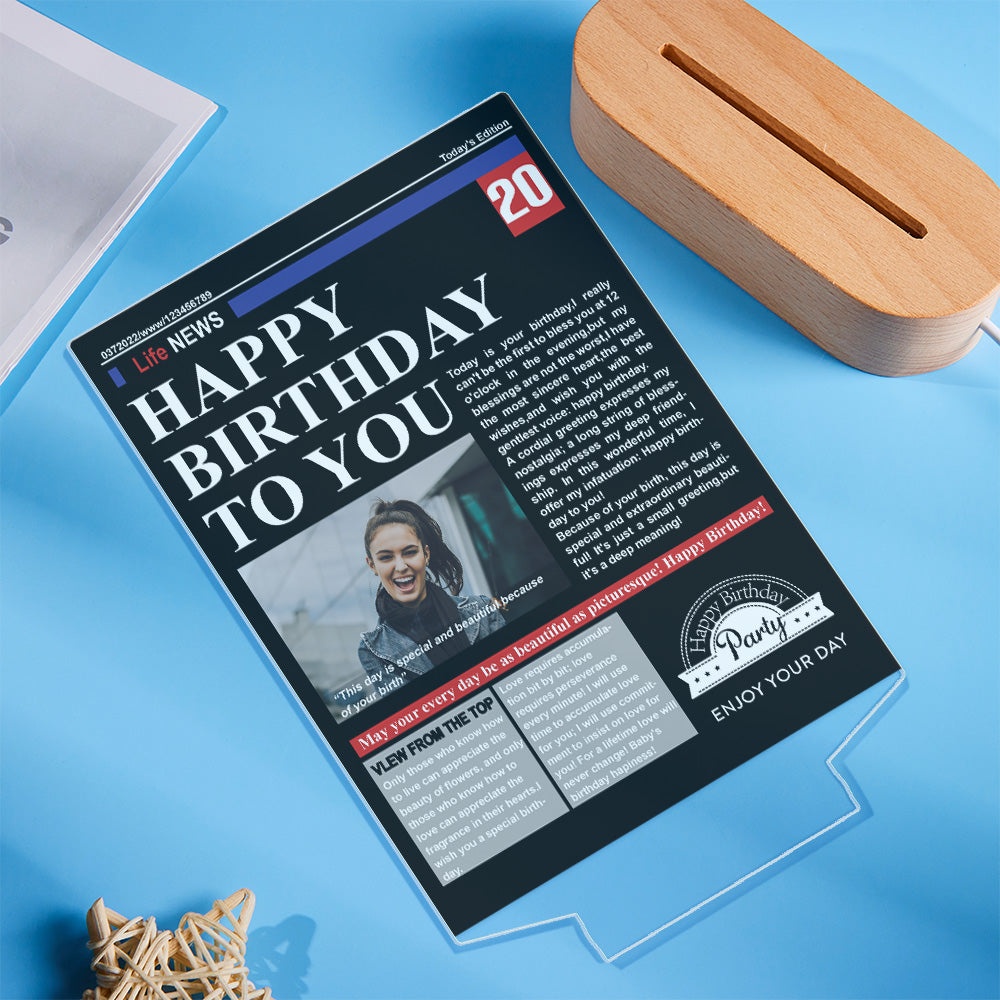 Custom Photo News On Acrylic Board Colorful Lamp Personalised Night Light Birthday Gifts