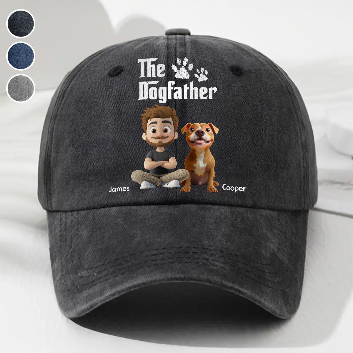 Black cap with 'The Dogfather' design featuring a cartoon boy and dog, on a white background.