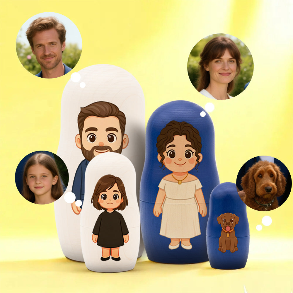 Set of personalized nesting dolls with family portraits on a yellow background