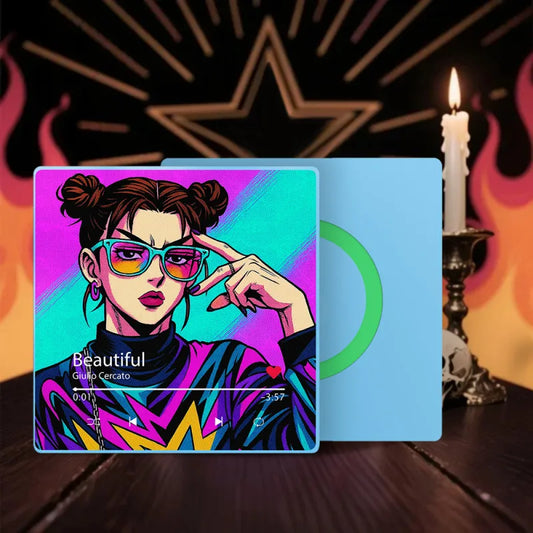 Colorful album cover with a stylized portrait and 'Beautiful' text, set against a dark background with star and candle elements.