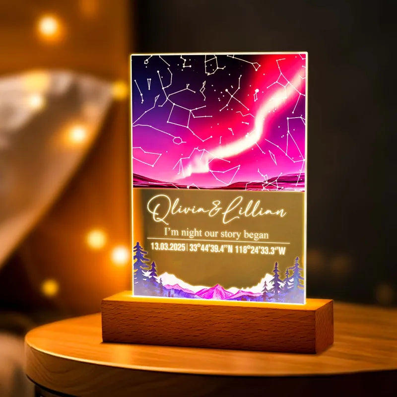 Decorative LED sign with constellation design and personalised text on a wooden stand.