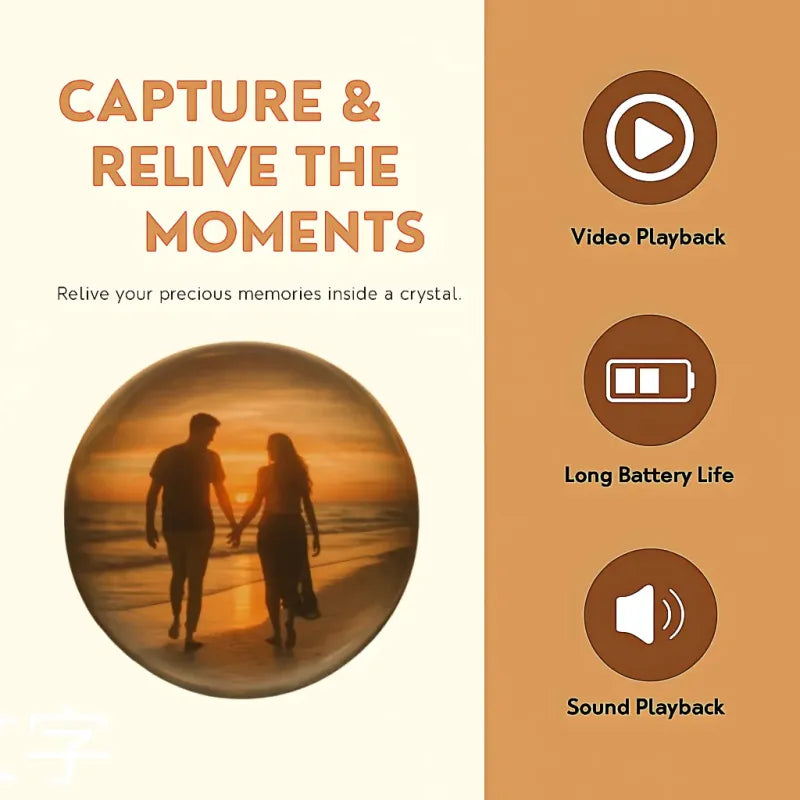 Product advertisement with a couple on a beach at sunset, featuring text and icons about video, battery life, and sound playback.