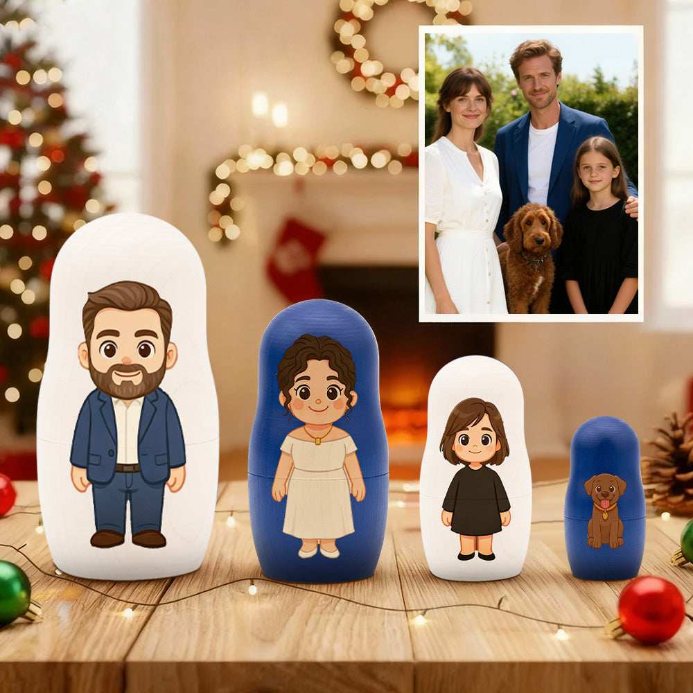 Personalized family figurines with a Christmas setting and inset photo of a family with a dog.