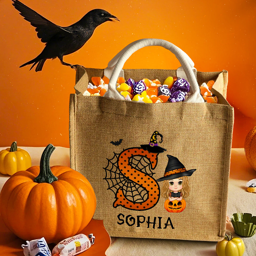 Personalised Cartoon Character Pumpkin Design Trick or Treat Candy Jute Tote Bag with Initial & Name Halloween Party Favors Gift for Kids