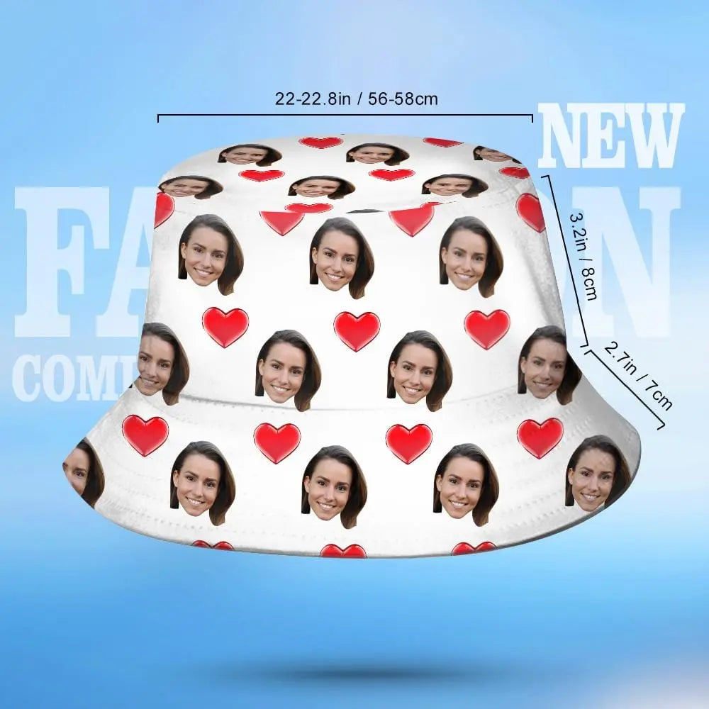 Custom Face Bucket Hat Personalised Heart Print Summer Unisex Fisherman Hat