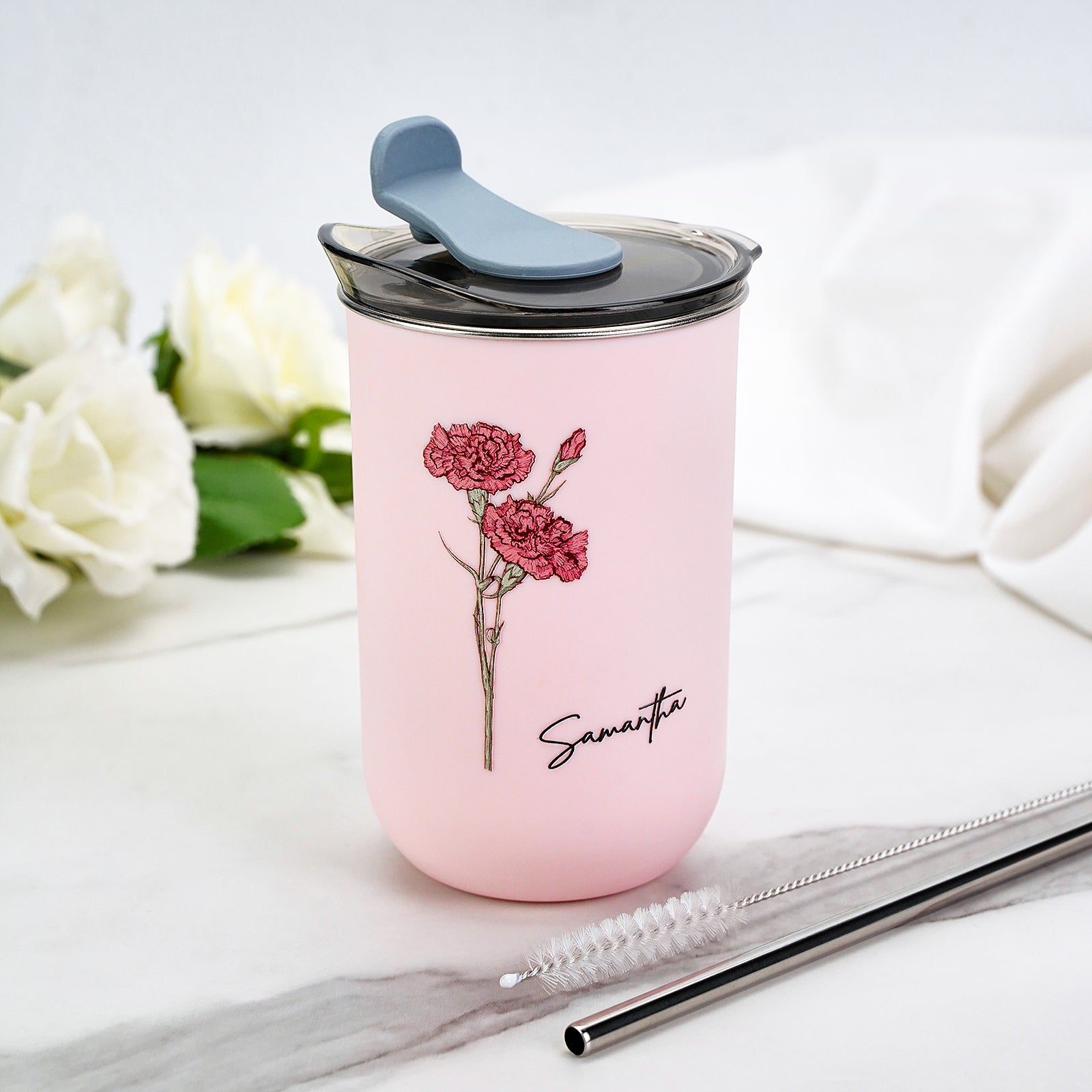 Custom Name Birth Flower Straw Coffee Cup 12oz/350ml - Personalised and Stylish