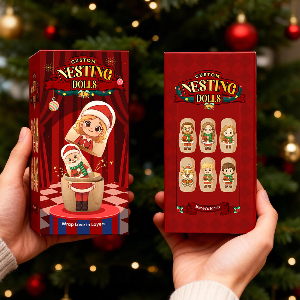 Two red boxes labeled 'Custom Nesting Dolls' held against a Christmas tree background.