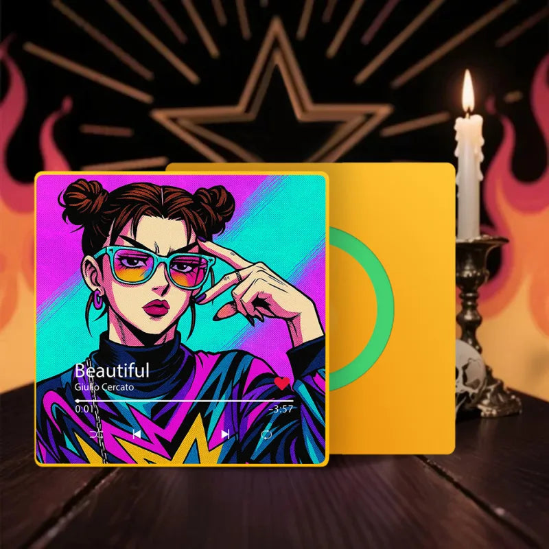 Vinyl record with colorful cover featuring a stylized portrait and 'Beautiful' by Giulio Cercato.