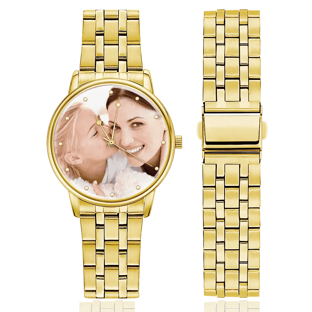 Gold watch with a personalized photo display on a white background