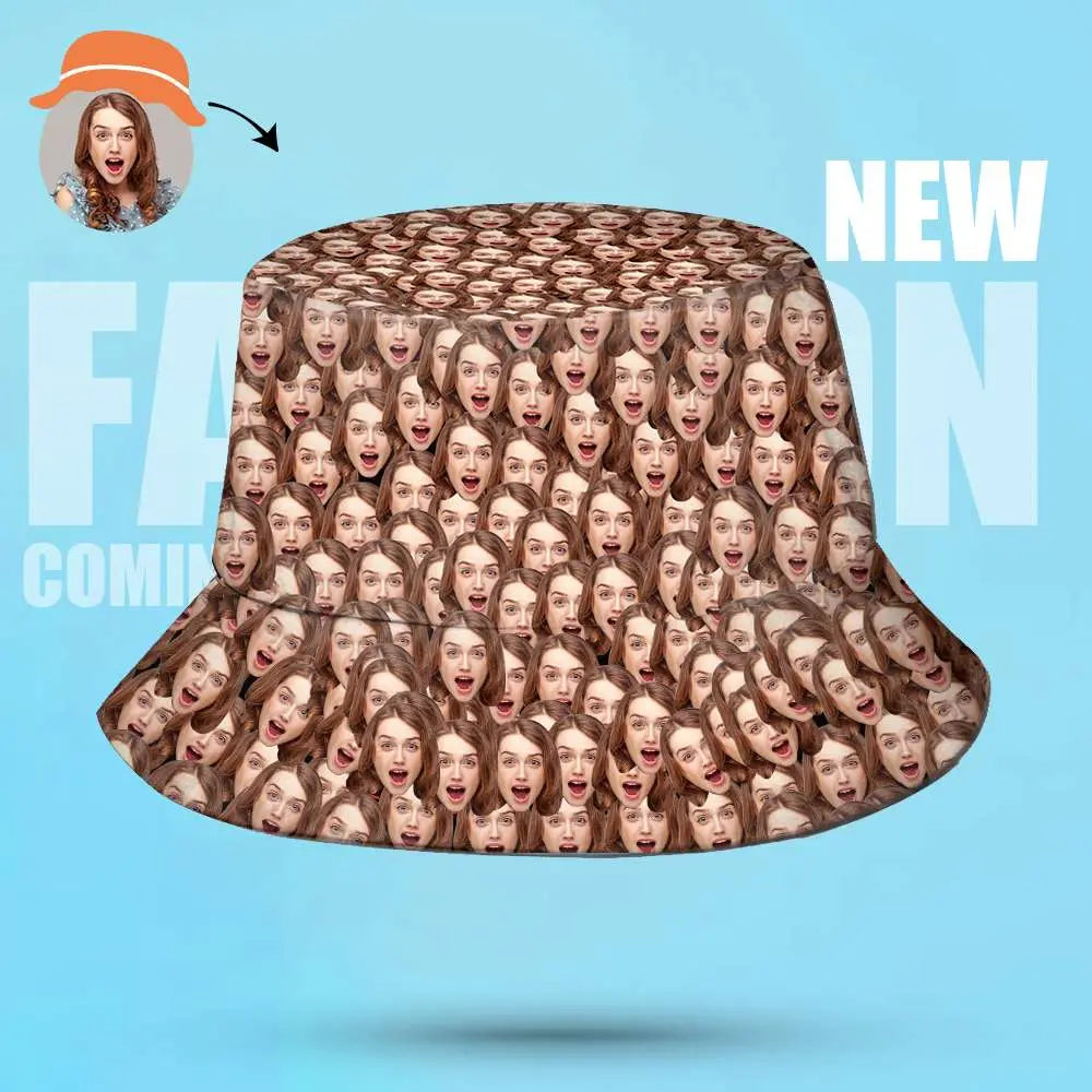 Bucket hat with a pattern of a woman's face on a blue background with 'NEW FASHION COM' text.