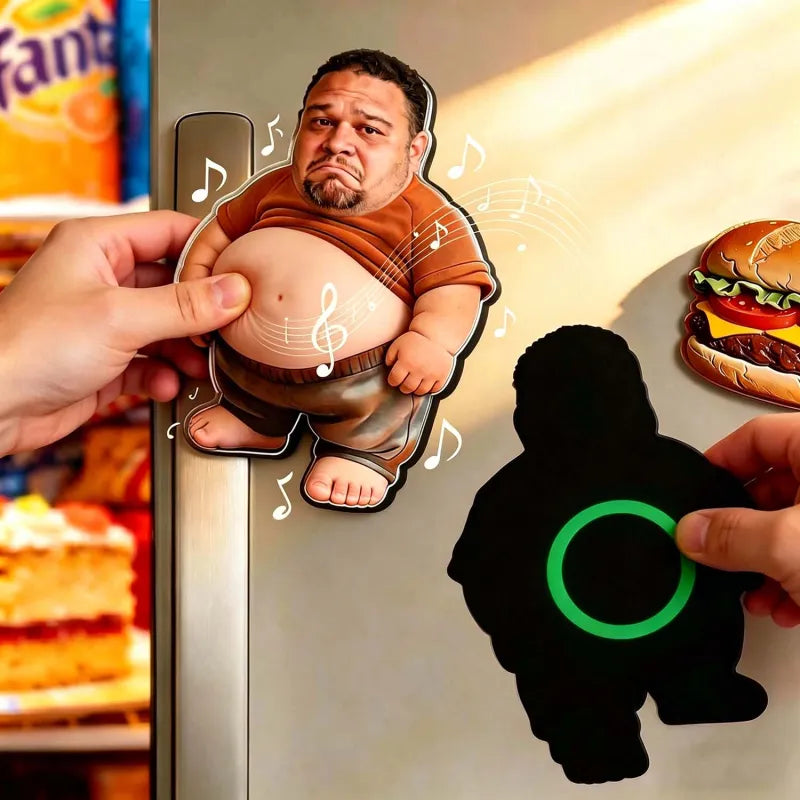 Person holding a cutout of a cartoon character with music notes, next to a silhouette of a character with a green circle, against a blurred store background.