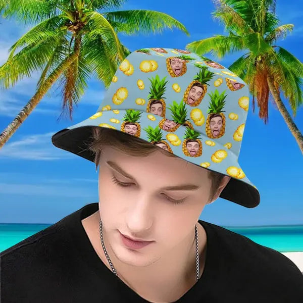 Person wearing a cap with pineapple and face pattern against a tropical background