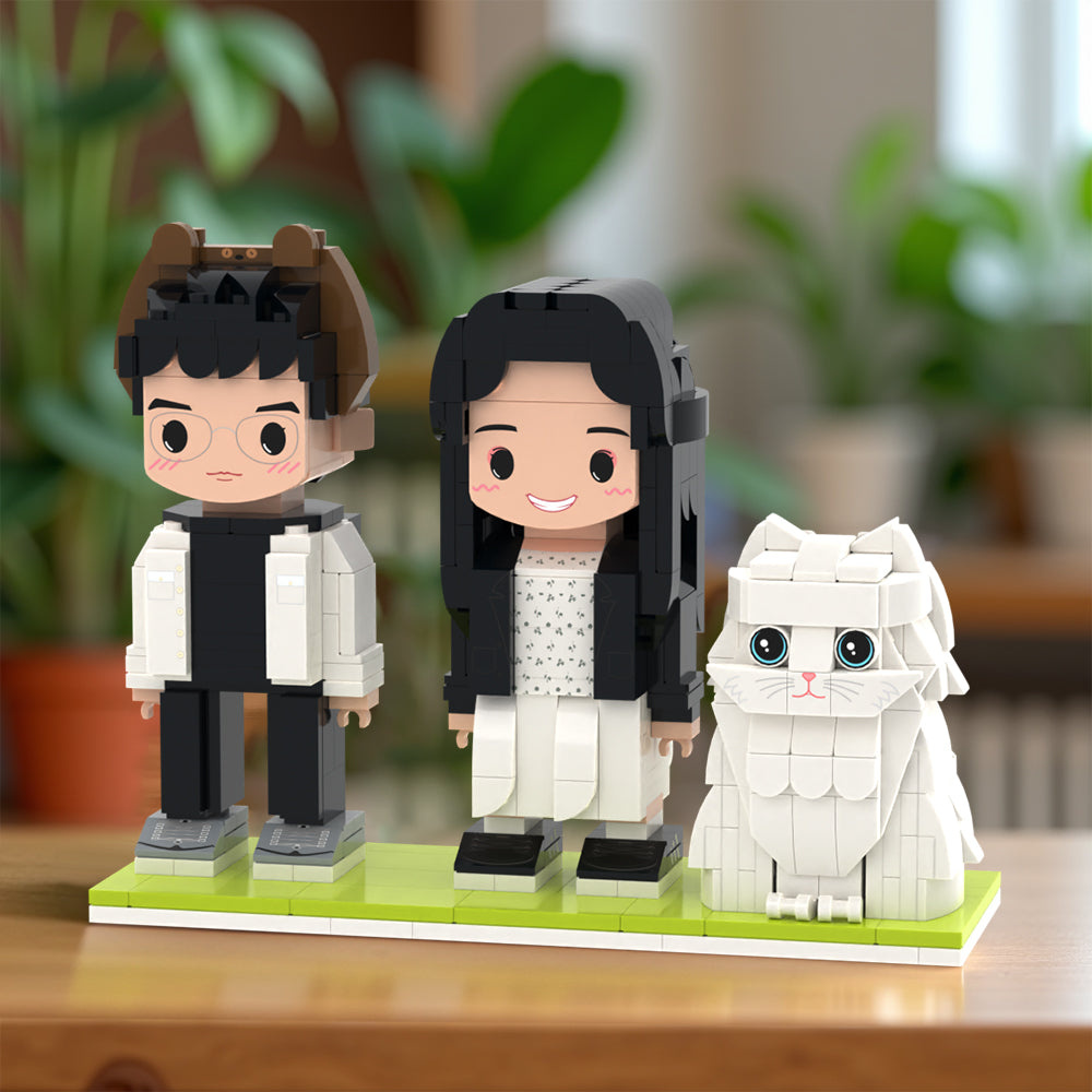 Full Body Customisable 2 People Cute Brick Figures Personalised Brick Figures with Cat Small Particle Block Toy