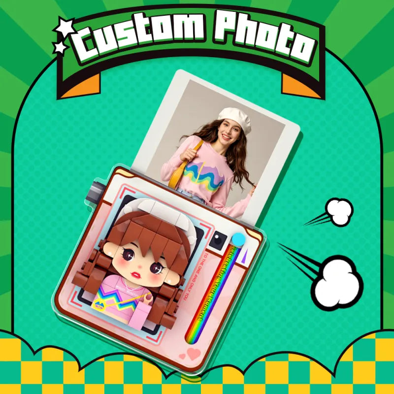 Cartoon camera with a character inside, displaying a photo of a person on a green background with 'Custom Photo' text.