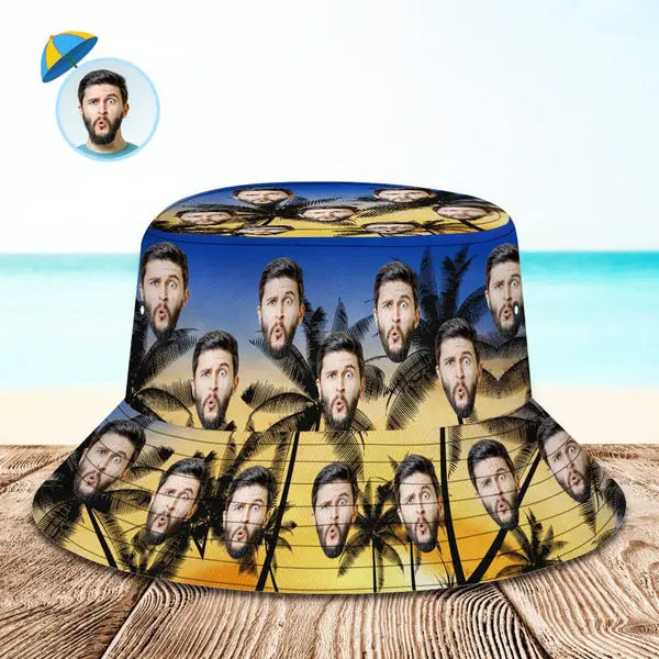 Round hat with multiple faces printed on it, placed on a wooden surface with a blue gradient background.