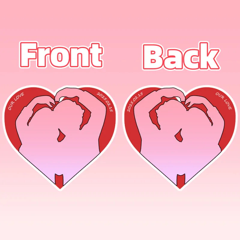 Two heart-shaped stickers labeled 'Front' and 'Back' on a pink background.