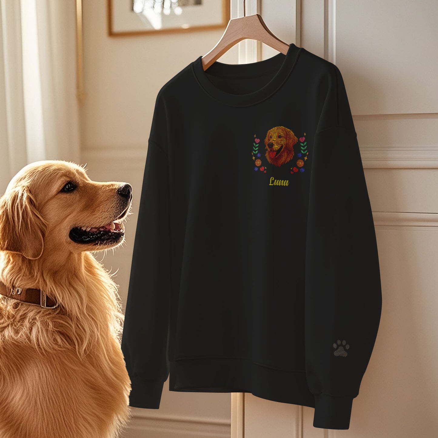 Custom Embroidered-Style Pet Sweatshirt – Personalised Pullover with Pet Name & Wreath