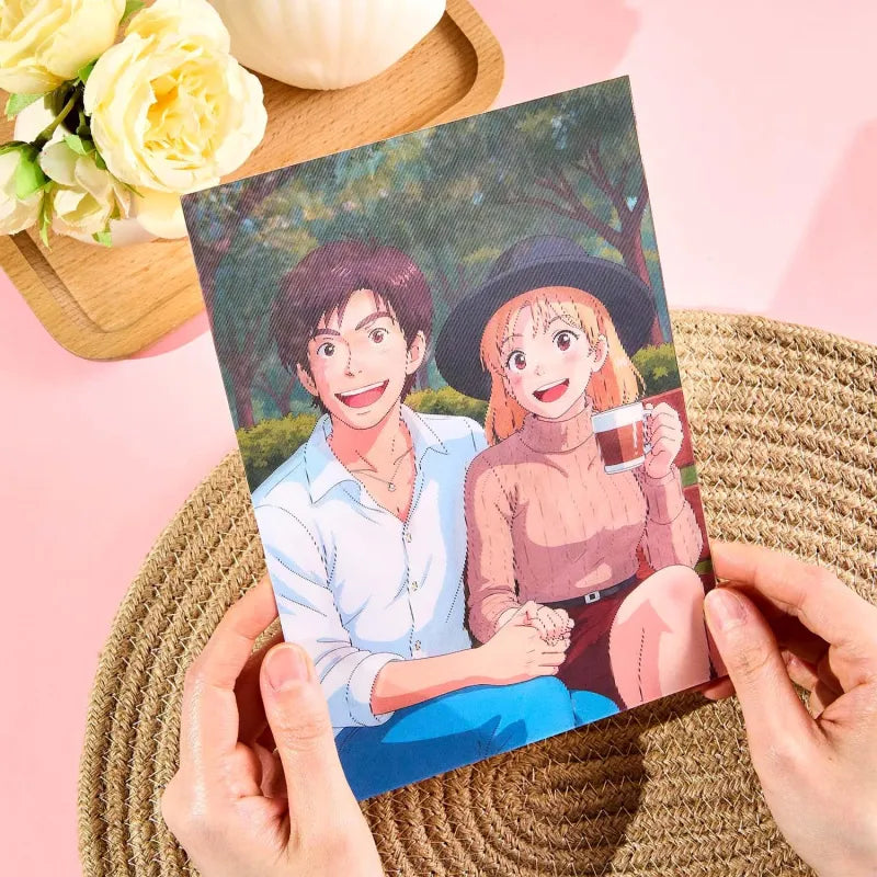 Illustrated card of two people holding hands with flowers and a pink background