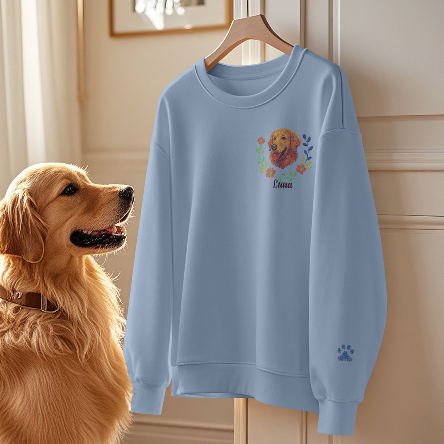 Custom Embroidered-Style Pet Sweatshirt – Personalised Pullover with Pet Name & Wreath