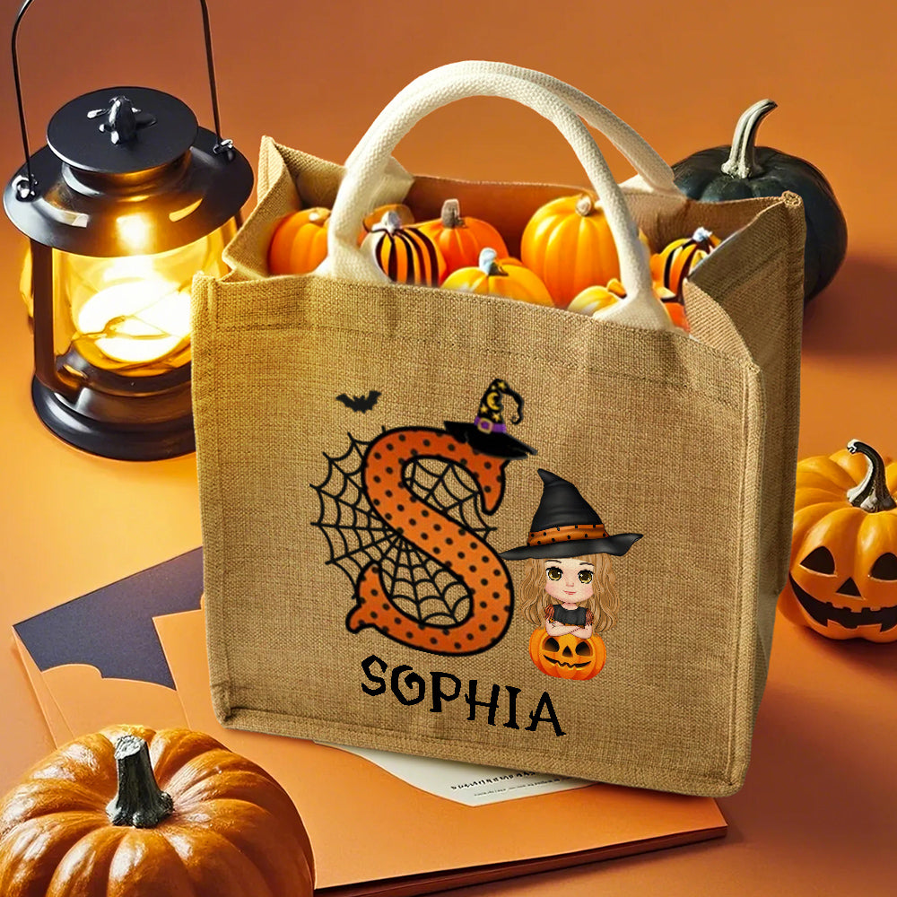 Personalised Cartoon Character Pumpkin Design Trick or Treat Candy Jute Tote Bag with Initial & Name Halloween Party Favors Gift for Kids