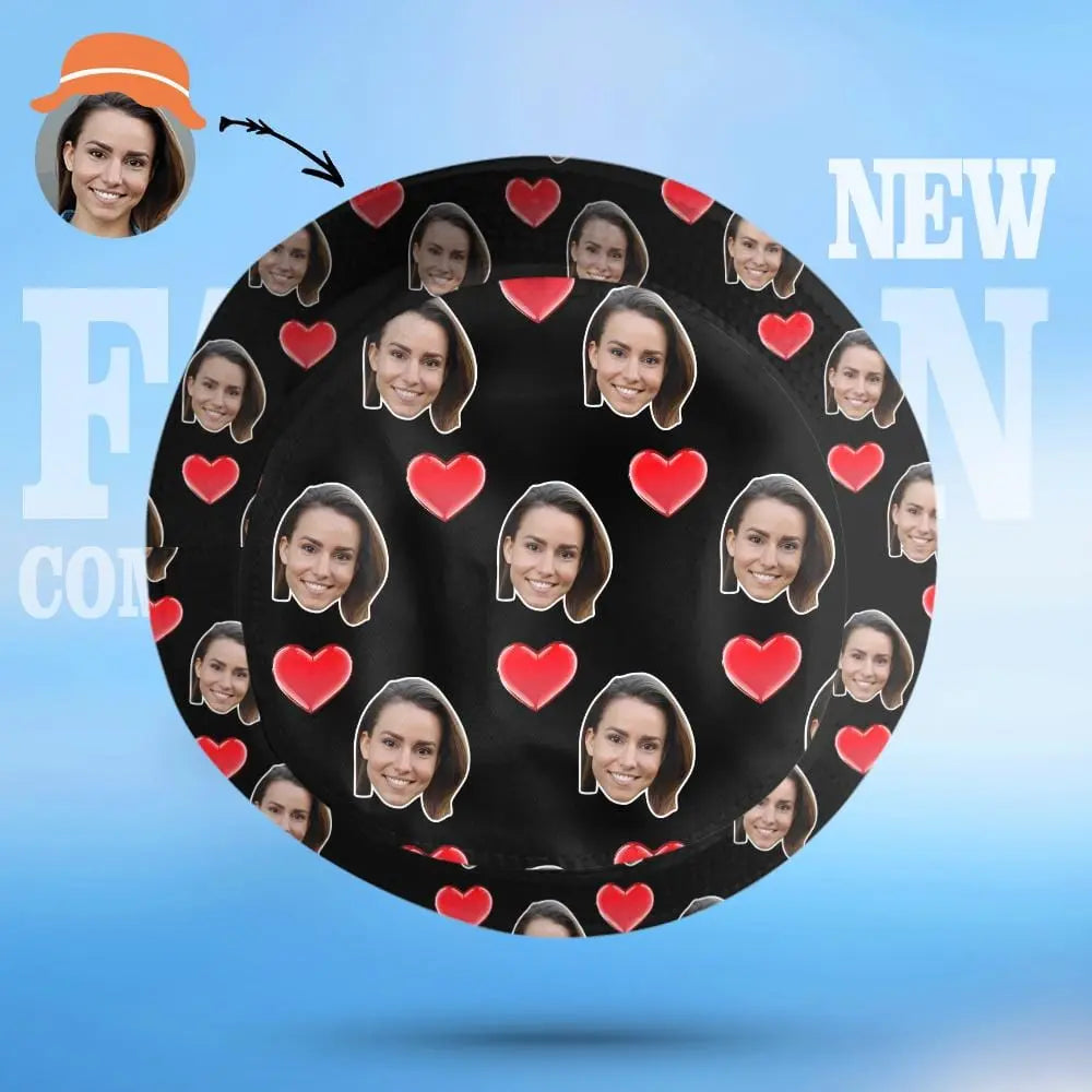 Custom Face Bucket Hat Personalised Heart Print Summer Unisex Fisherman Hat