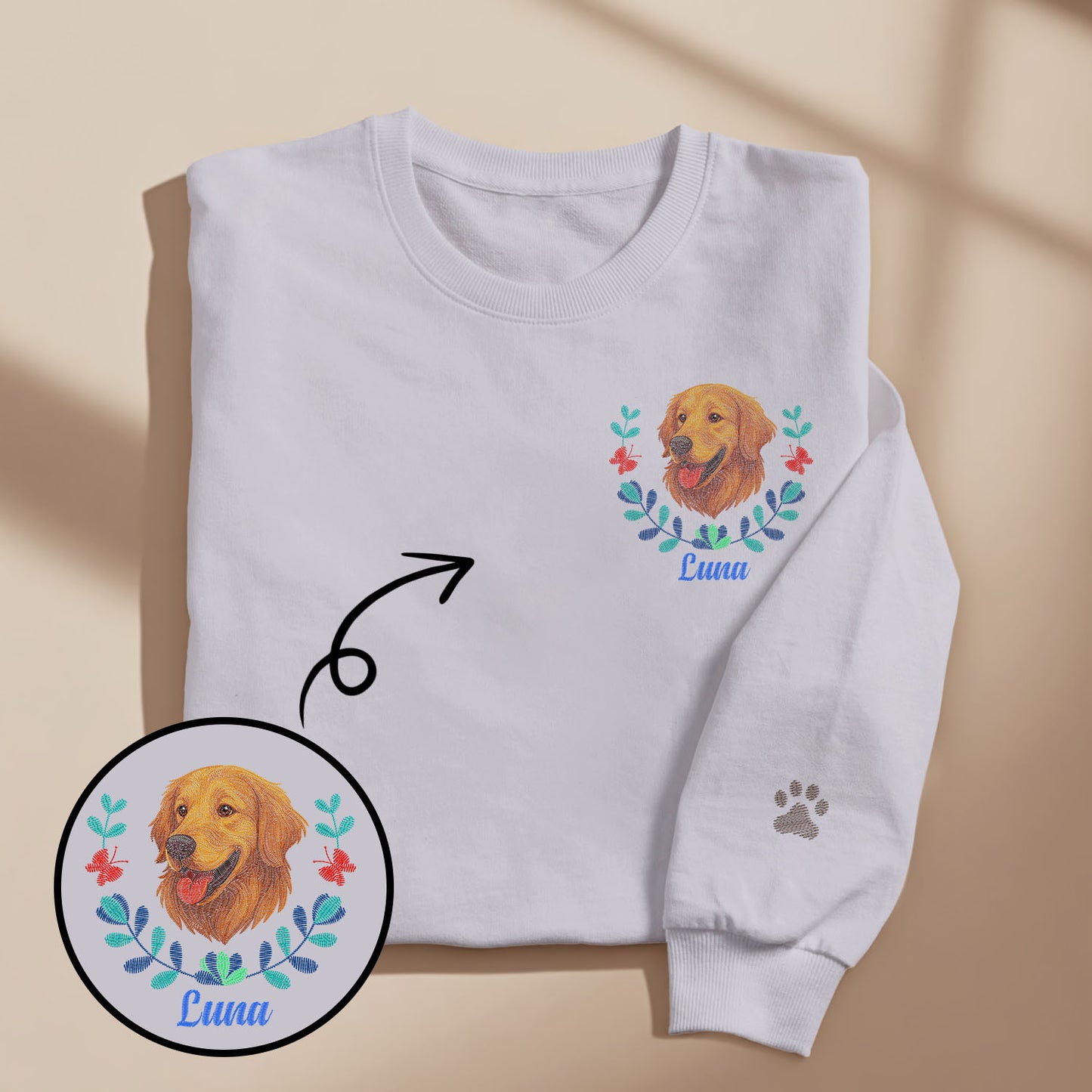 Custom Embroidered-Style Pet Sweatshirt – Personalised Pullover with Pet Name & Wreath