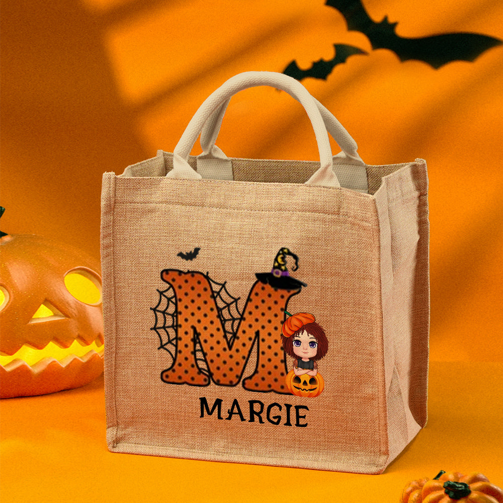 Personalised Cartoon Character Pumpkin Design Trick or Treat Candy Jute Tote Bag with Initial & Name Halloween Party Favors Gift for Kids