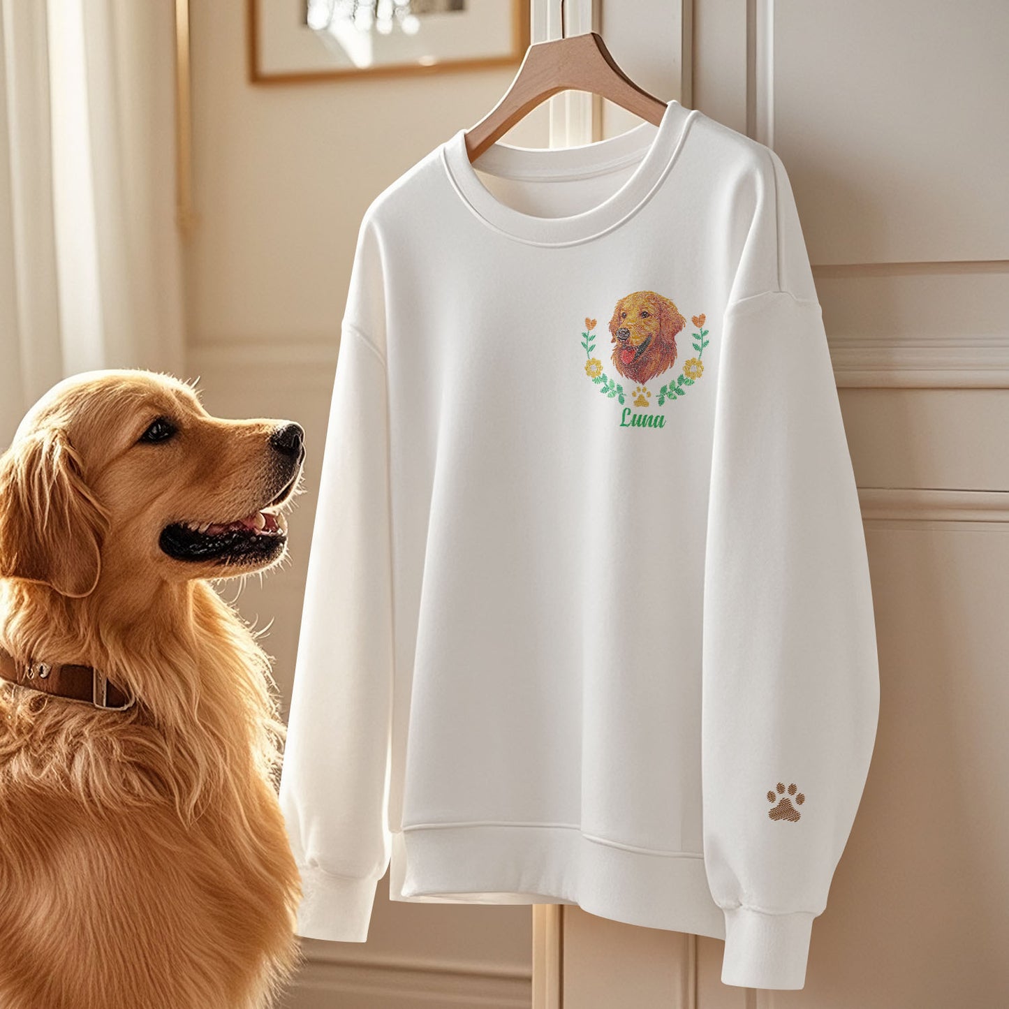 Custom Embroidered-Style Pet Sweatshirt – Personalised Pullover with Pet Name & Wreath