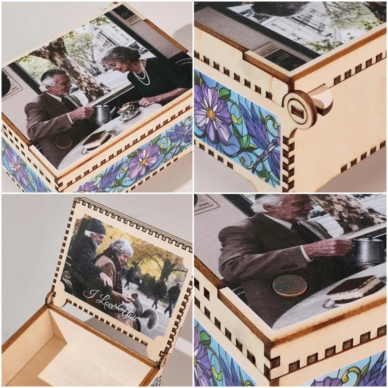 Collage of a wooden photo album with floral designs and images of an elderly couple.