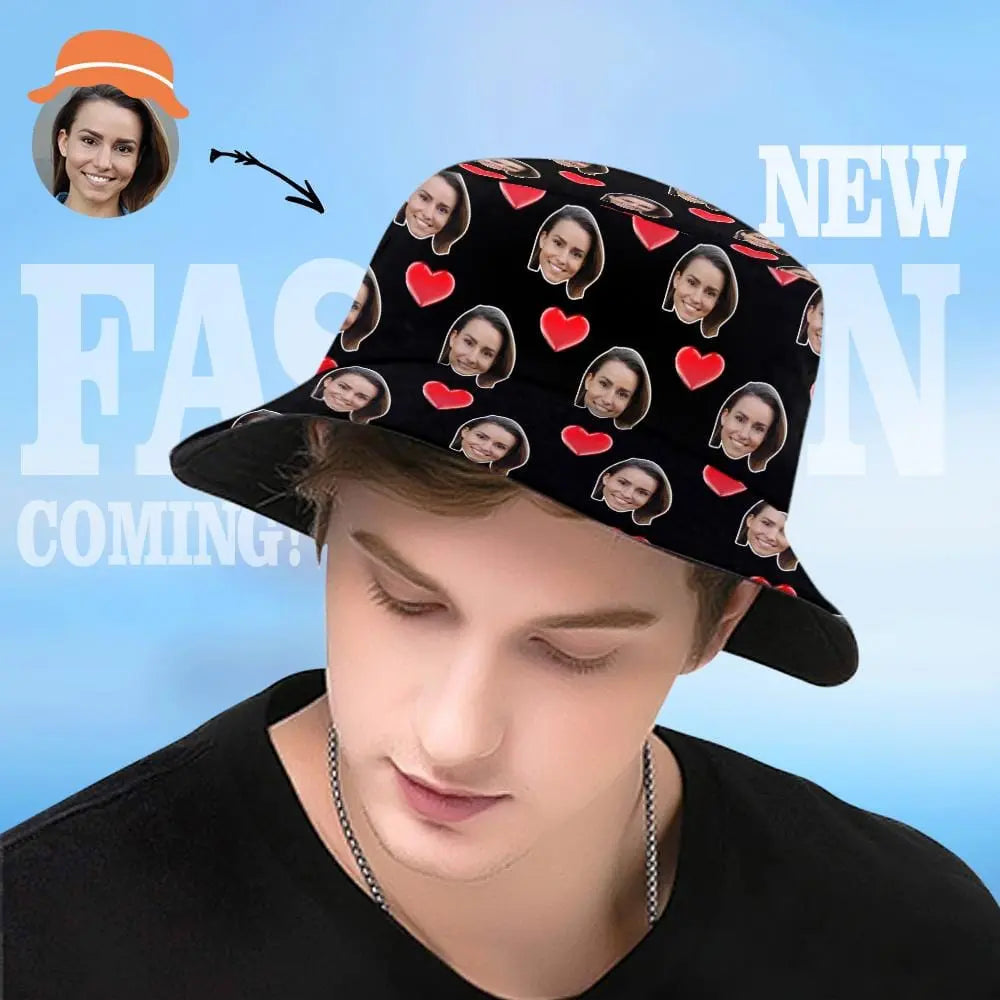 Custom Face Bucket Hat Personalised Heart Print Summer Unisex Fisherman Hat