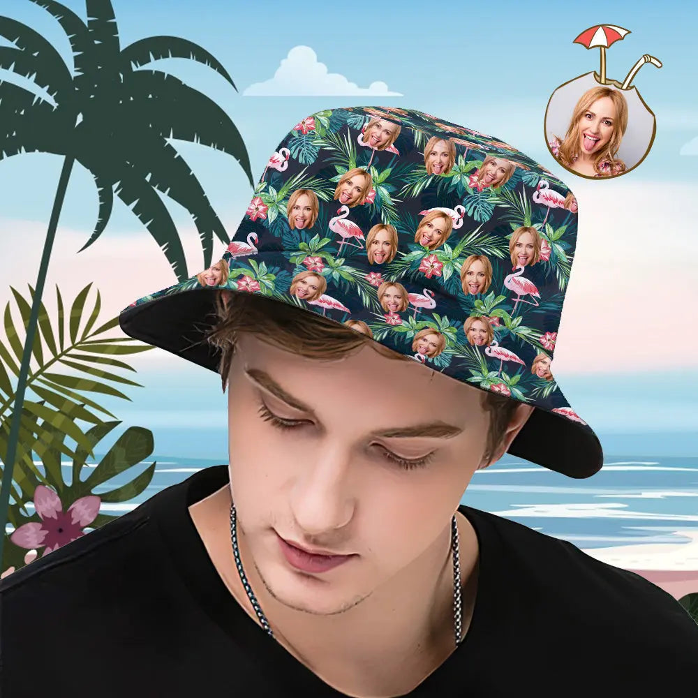 Person wearing a tropical patterned bucket hat with palm trees and beach background