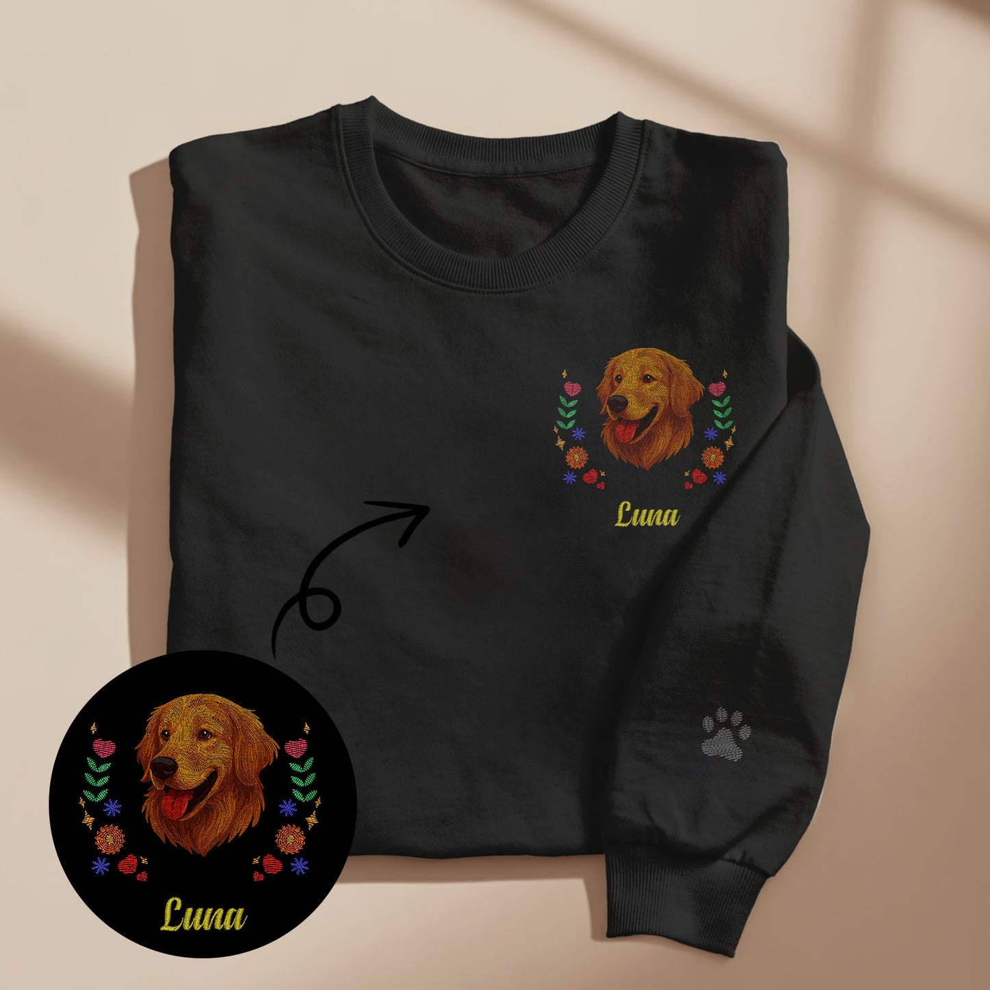 Custom Embroidered-Style Pet Sweatshirt – Personalised Pullover with Pet Name & Wreath