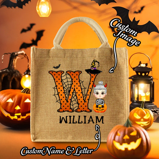 Personalised Cartoon Character Pumpkin Design Trick or Treat Candy Jute Tote Bag with Initial & Name Halloween Party Favors Gift for Kids