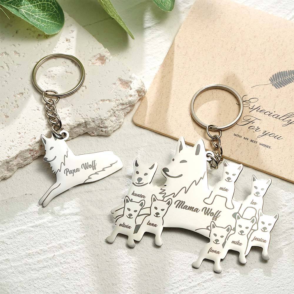 Personalised Wolf Keychain with Engraved Family Names Gift for Family